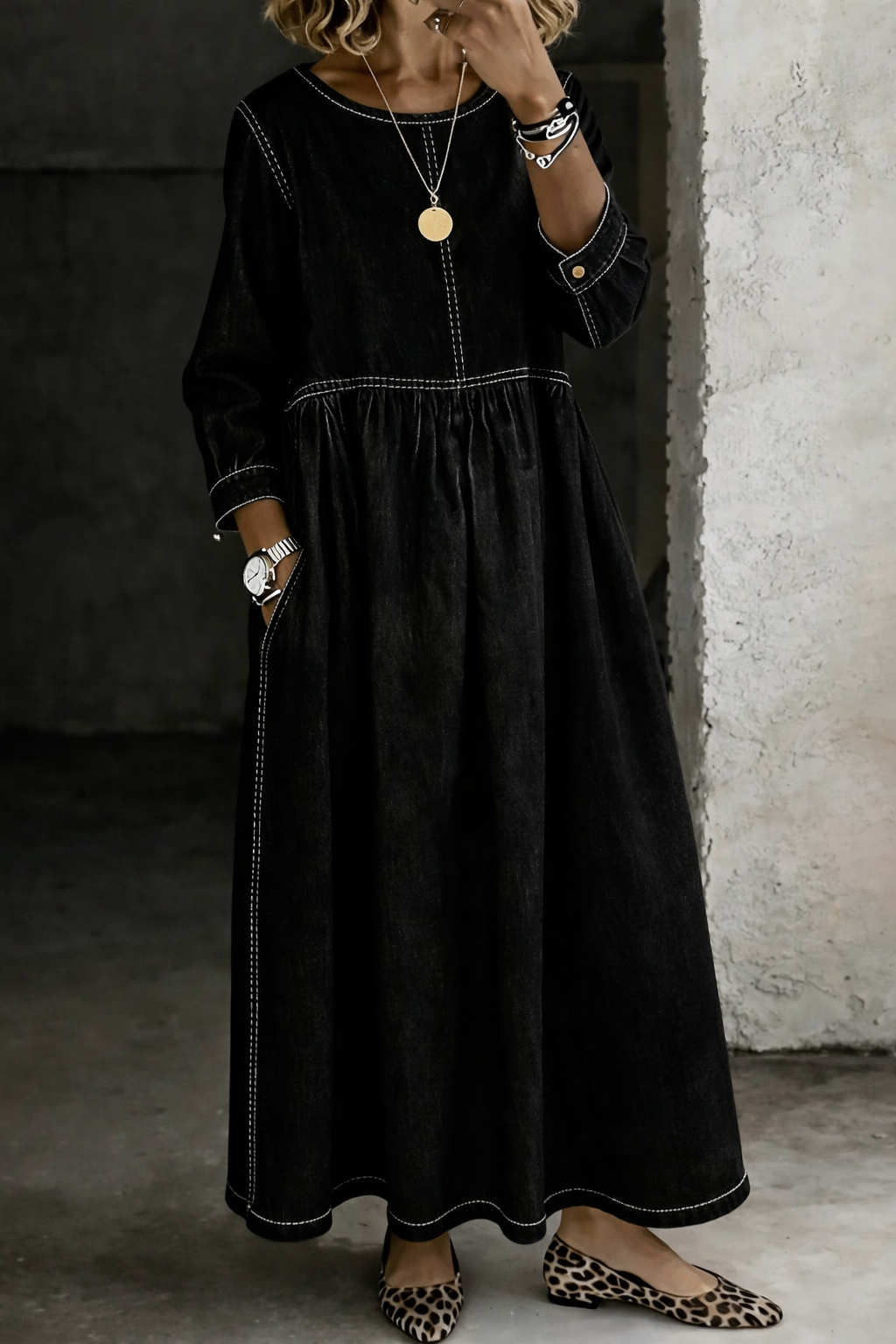 Zephyrelle - Vestido Maxi Vaquero Vintage, negro