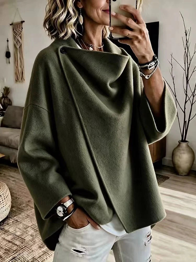Poncho Asimétrico de Cuello Cruzado con Botón