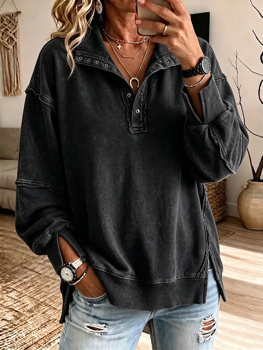 Elena - Sudadera Henley Oversize, detalle cuello