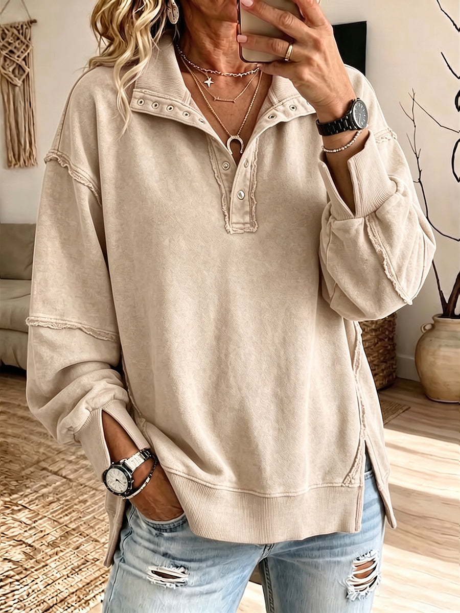 Elena - Sudadera Henley Oversize, detalle costuras