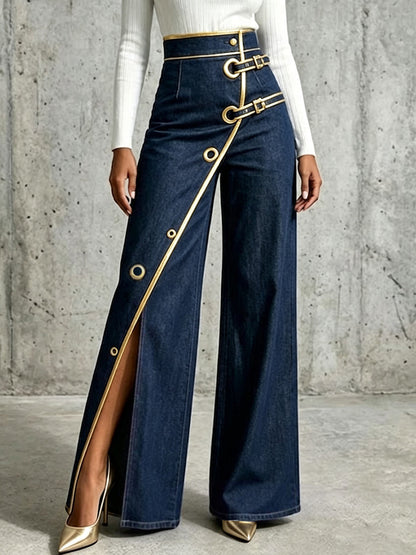 Valeria - Vaqueros Wide Leg Cintura Alta Ribete Dorado, vista frontal