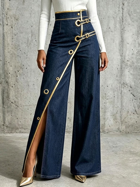 Valeria - Vaqueros Wide Leg Cintura Alta Ribete Dorado, vista frontal