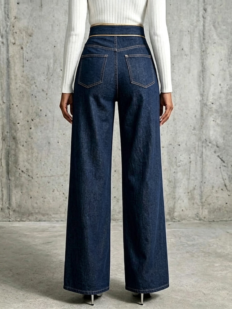 Valeria - Vaqueros Wide Leg Cintura Alta Ribete Dorado, detalle